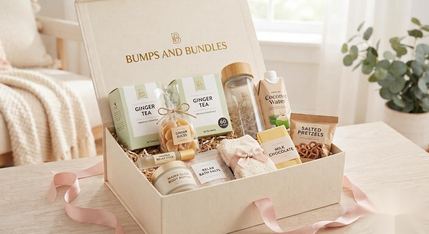 An open first trimester care box with wellness treats and soft comforts