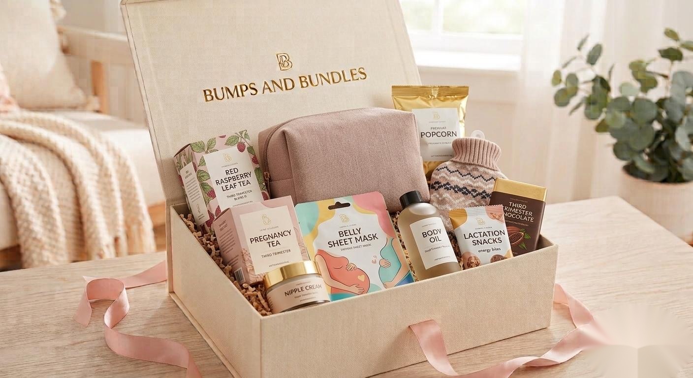An open third trimester care box with nourishing snacks and preparation essentials