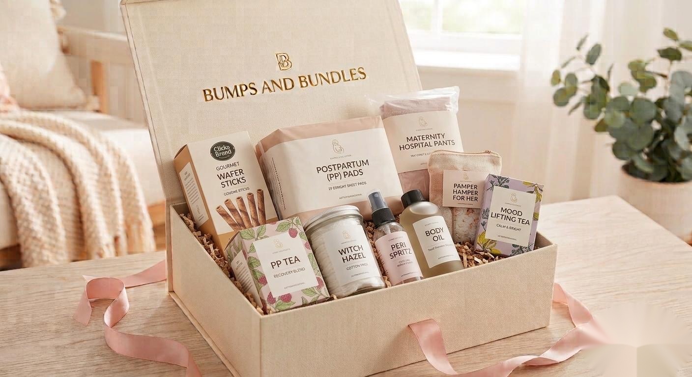 An open postpartum recovery box with gentle healing and pampering essentials