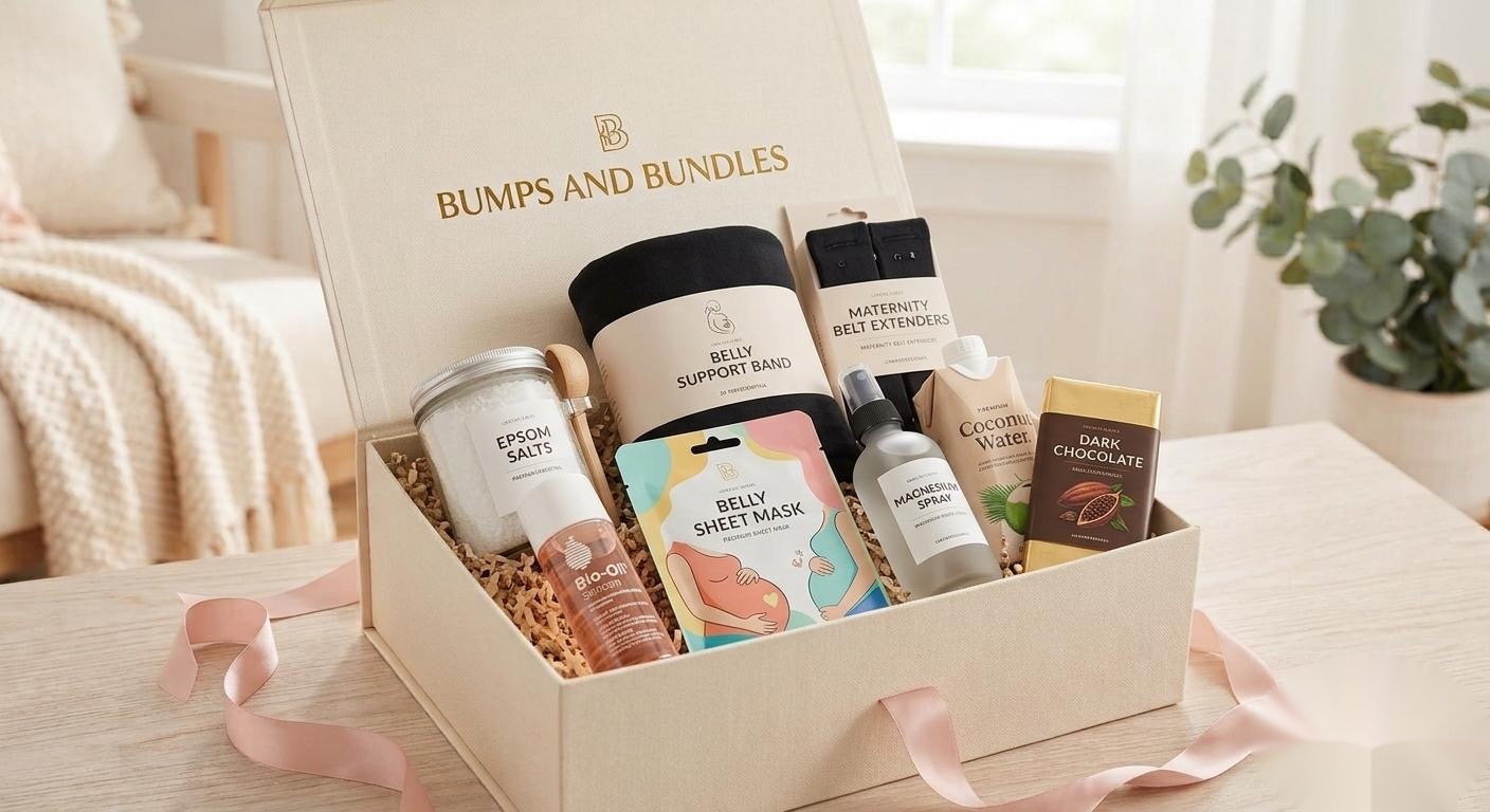 An open second trimester care box with body care and soothing essentials